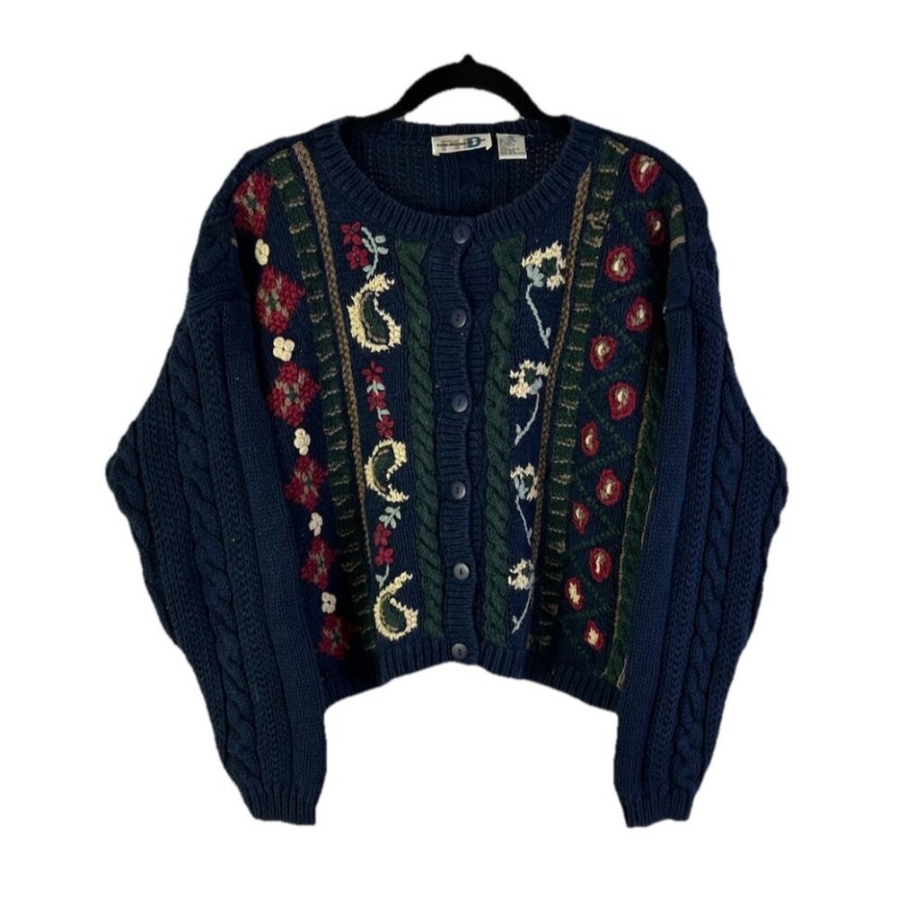 Vintage 90s Streetwear Grunge Cardigan Sweater Paisley Cable Knit Cropped - Picture 1 of 8